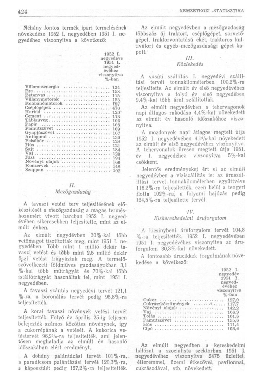 Néhány fontos termék ipari termelésének növekedése 1952 I. negyedében 1951 I. negyedéhez viszonyítva a következő: 1952 I. negyedéve 1951 I.