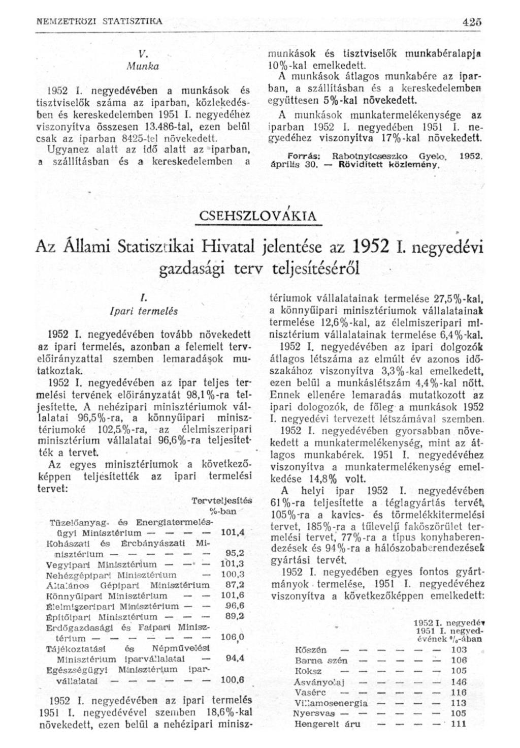 V. Munka 1952 I. negyedévében a munkások és tisztviselők száma az iparban, közlekedésben és kereskedelemben 1951 I. negyedéhez viszonyítva összesen 13.