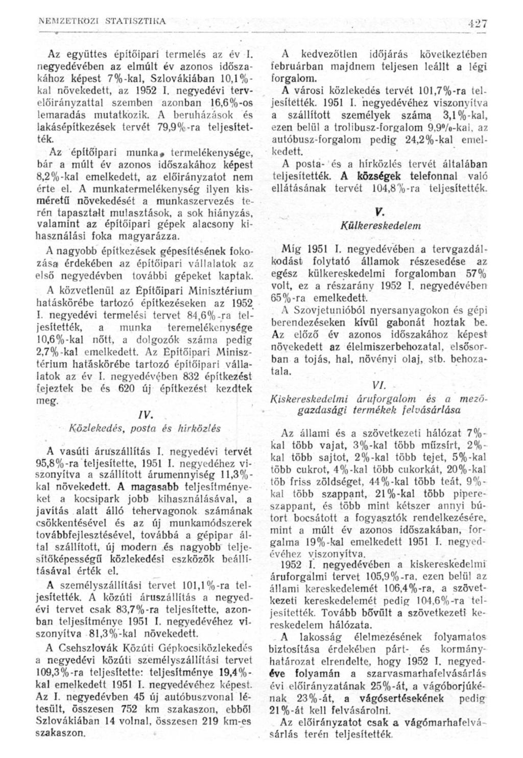 Az együttes építőipari termelés az év I. negyedévében az elmúlt év azonos időszakához képest 7%-kai, Szlovákiában 10,1%- kal növekedett, az 1952 I.