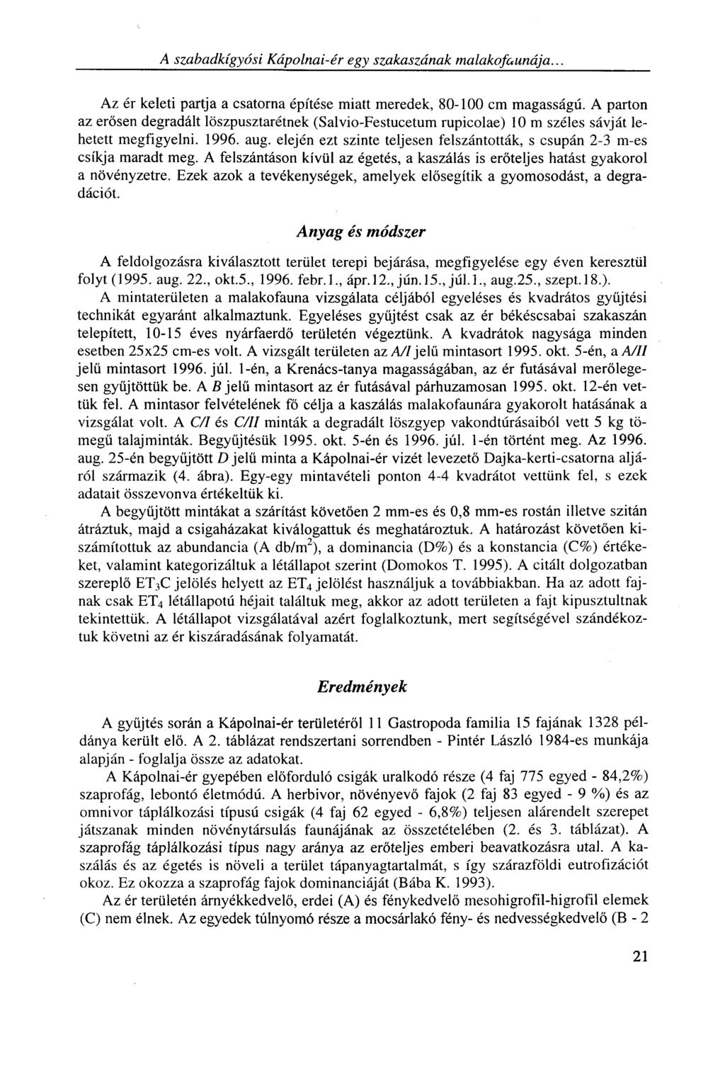 A szabadkígyóst Kápolnai-ér egy szakaszának malakofaunája... Az ér keleti partja a csatorna építése miatt meredek, 80-100 cm magasságú.