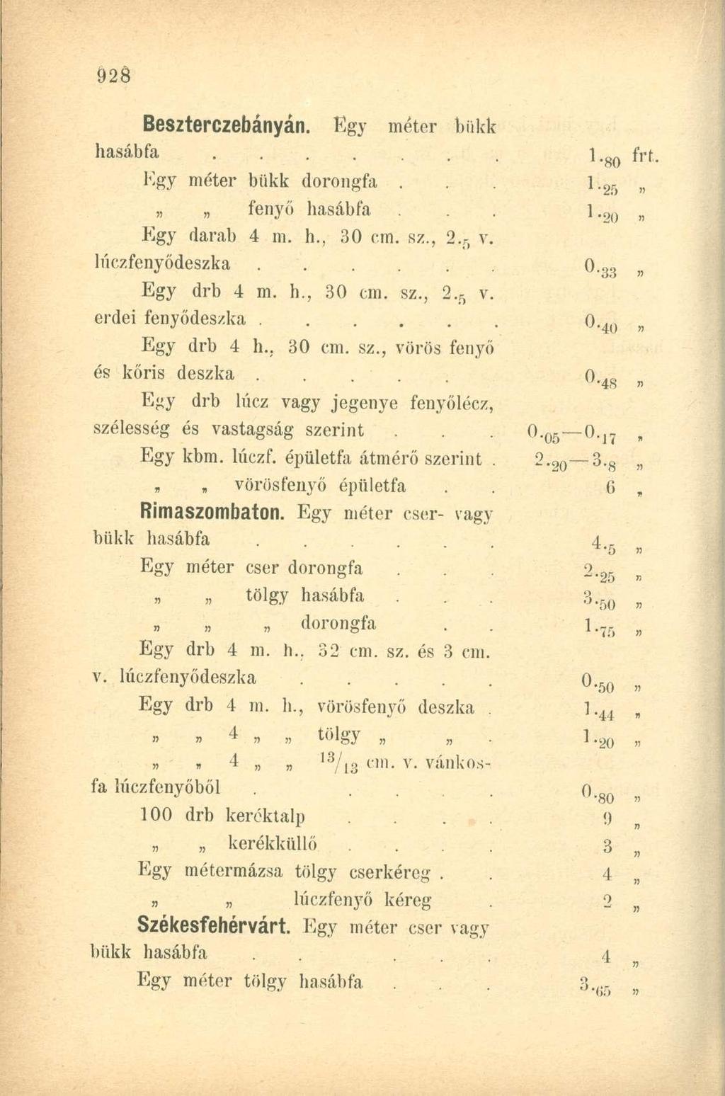 Beszterczebányán. Kgy méter bükk hasábfa.. Kgy méter bükk dorongfa. fenyő hasábfa Kgy darab 4 m. h., 30 cm. sz., 2. 5 v. luczfenyődeszka...... Egy drb 4 m. h., 30 cm. sz., 2. 5 v. erdei fenyődeszka.