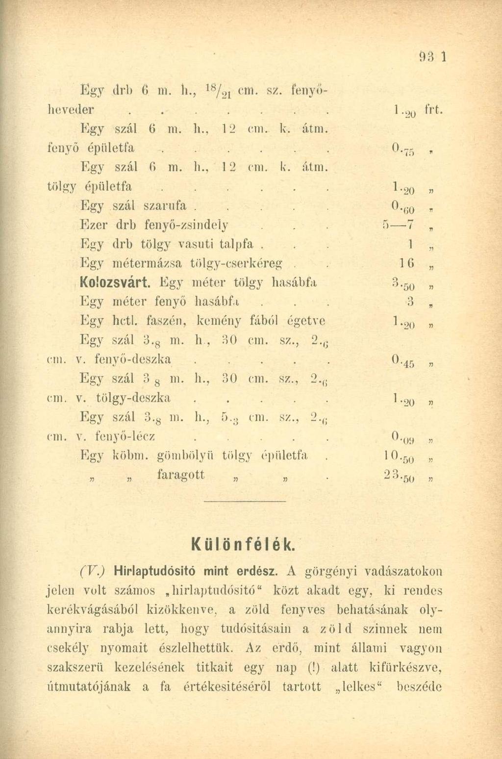 Egy drb 6 m. h., 18 : / 21 cm. sz. fenyőheveder Egy szál 6 m. h. 12 cm. k. átm fenyő épületfa..... Egy szál fi m. h., 12 cm. k. átm tölgy épületfa..... Egy szál szarufa.