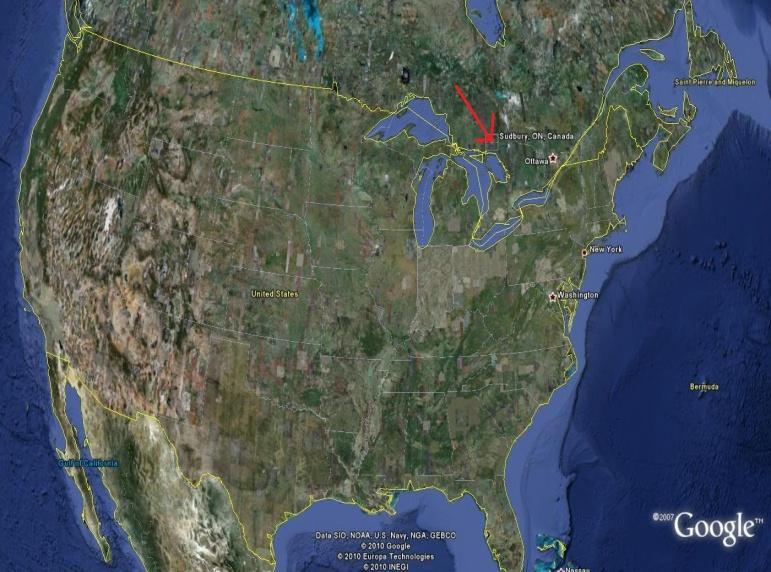 A Sudbury szerkezet elhelyezkedése és kialakulása (elméletek) o Kanadai pajzs déli részén Ontario államban, Huron- tótól 60 km-re északra, Ottawától 400 km-re nyugatra, földtanilag 3 provincia