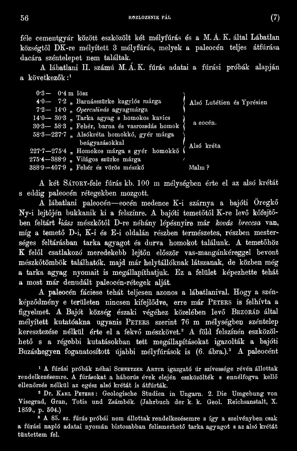 / Algő tréta 388*9 407*9 Fehér és vörös mészkő Maim? A két SÁTORY-fele fúrás kb. 100 m mélységben érte el az alsó krétát s eddig paleocén rétegekben mozgott.