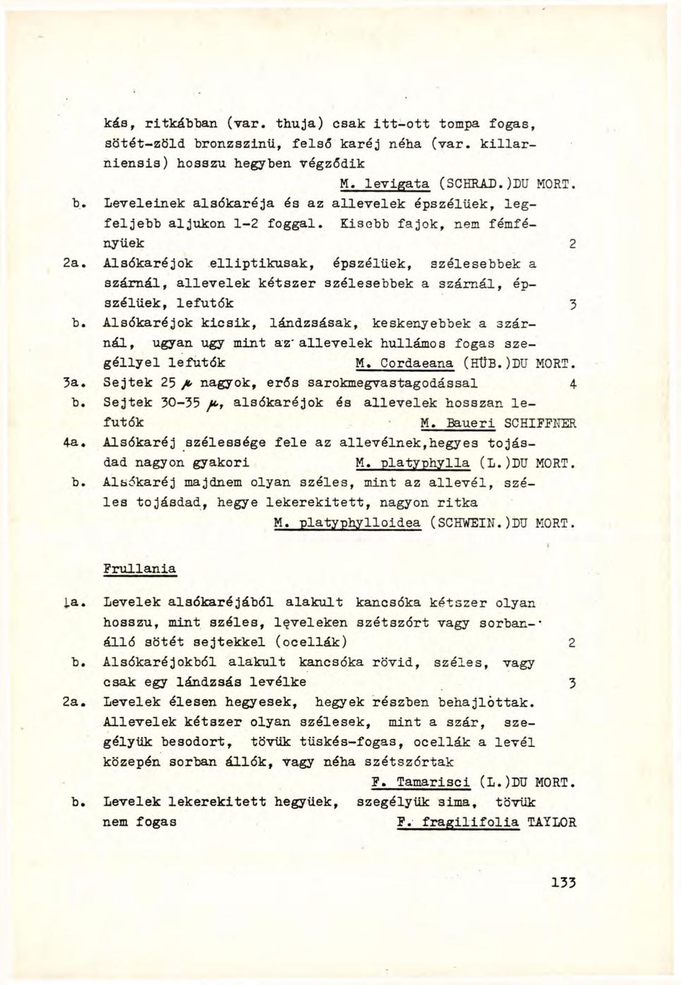 kás, ritkábban (var. thuja) csak itt-ott tompa fogas, sötét-zöld bronzszínű, felső karéj néha (var. killarniensis) hosszú hegyben végződik M. levigata (SCHRAD.)DU MORT, b.