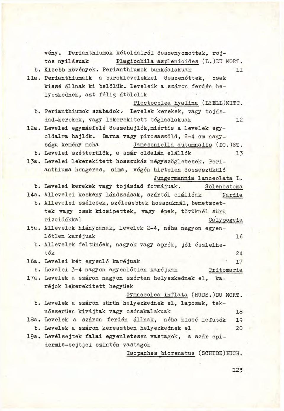 vény. Perianthiumok kétoldalról összenyomottak, rojtos nyilásuak Plagiochila asplenioides (L.)BTJ KORT. b. Kisebb növények. Perianthiumok bunkóalakuak 11 11a.