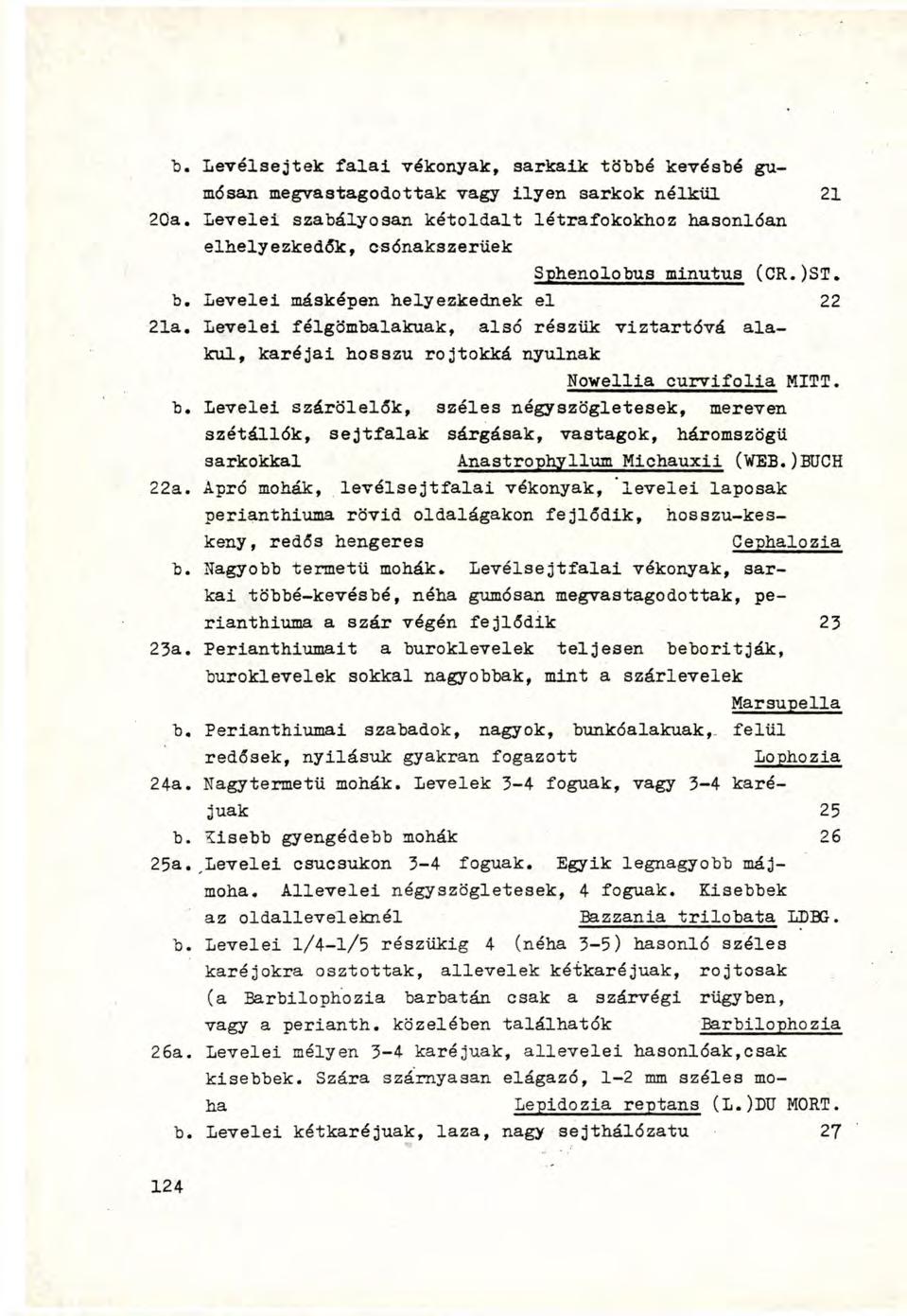 b. Levélsejtek falai vékonyak, sarkaik többé kevésbé gumósán megvastagodottak vagy ilyen sarkok nélkül 21 20a.