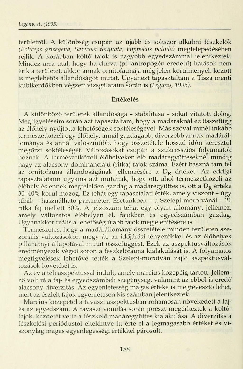 legány, A. (1995) területről. A különbség csupán az újabb és sokszor alkalmi fészkelők (Policeps grisegena, Saxicola torquata, Hippolais paliida) megtelepedésében rejlik.