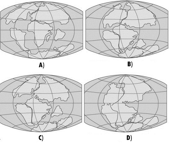 12. Elért pontszám: 12. Az ábrákon a kontinensek elhelyezkedése látható különböző földtörténeti korokban. Oldja meg az ábrához kapcsolódó feladatokat!