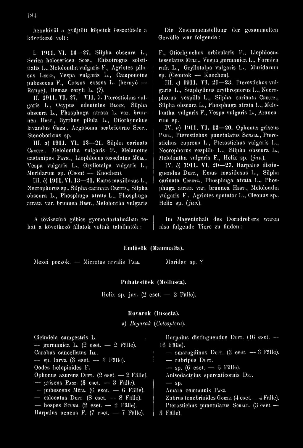 , Muridarum (Csont Knochen). HI. b) 1911. VI. 13 21. Emus maxillosus L., Necrophorus, Silpha carinata Creutz., Silpha obscura L., Phosphuga atrata L., Phosphuga atrata var. brunnea Hbst.