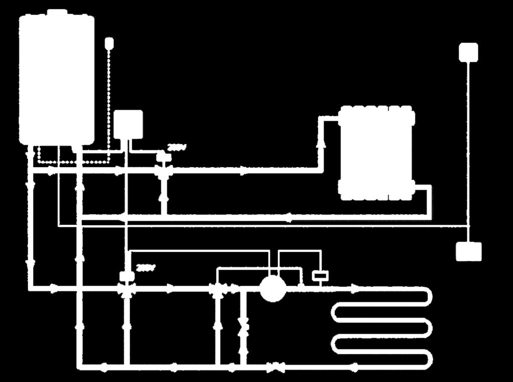 telepítés három/hat különböző fűtőkörig Elvi kapcsolási vázlat Evo kazánnal, zóna manager vezérlővel egy magas és két keverőszelepes
