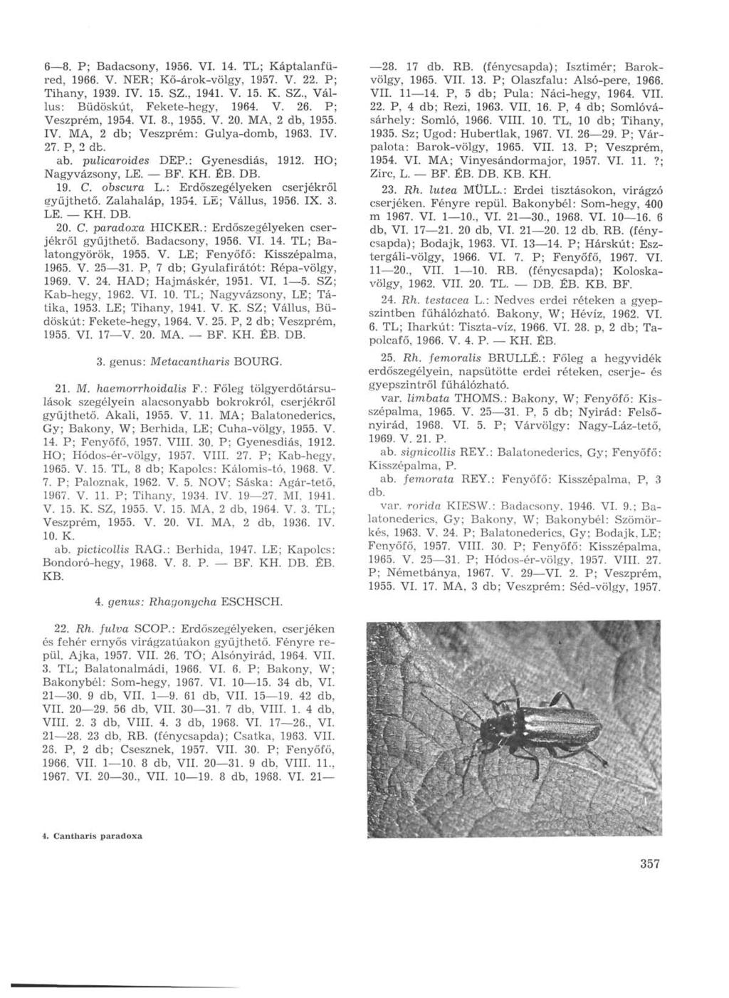 6 8. P; Badacsony, 1956. VI. 14. TL; Káptalanfüred, 1966. V. NER; Kő-árok-völgy, 1957. V. 22. P; Tihany, 1939. IV. 15. SZ., 1941. V. 15. К. SZ., Vállus: Büdöskút, Fekete-hegy, 1964. V. 26.