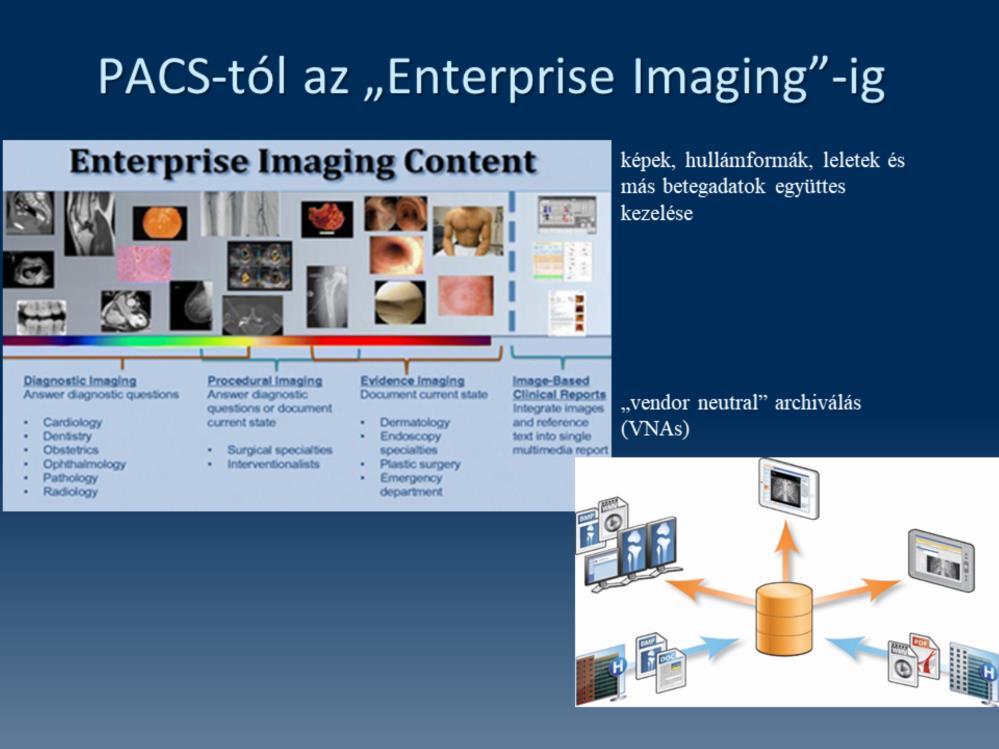Az enterprise imaging alapgondolata, hogy minden adatot (képeket, hullámformákat, leleteket és más betegadatokat) egy helyen szabványosan tároljon, a jelenlegi, számos, különálló osztályadat-silóban