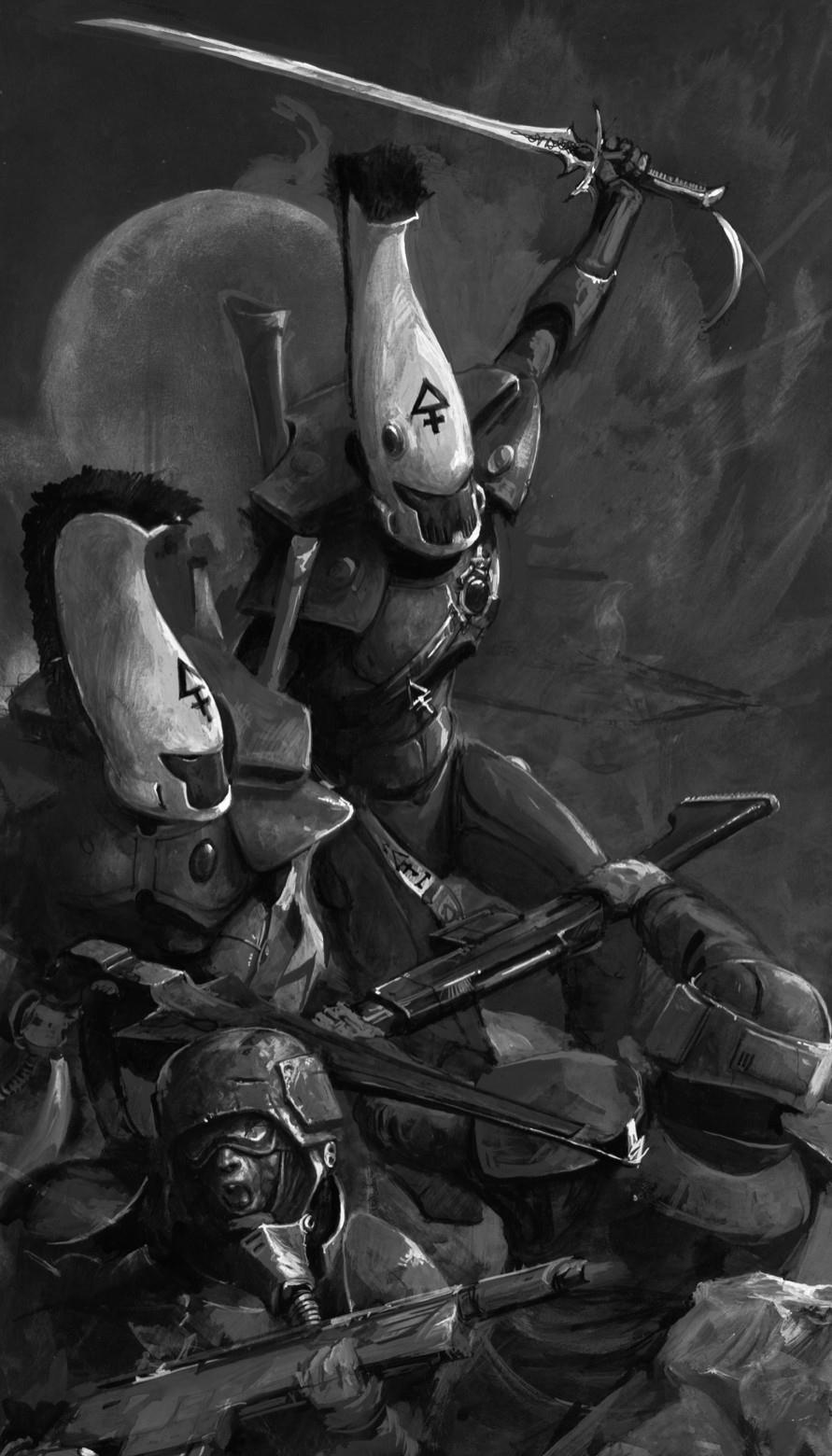 Szörnyű Bosszúállók Dire Avengers A Bosszúállók az elsők az Eldák Maszk-harcosai között. Ők azok, akik nemes harcosként ábrázolják a Háború Istenét.