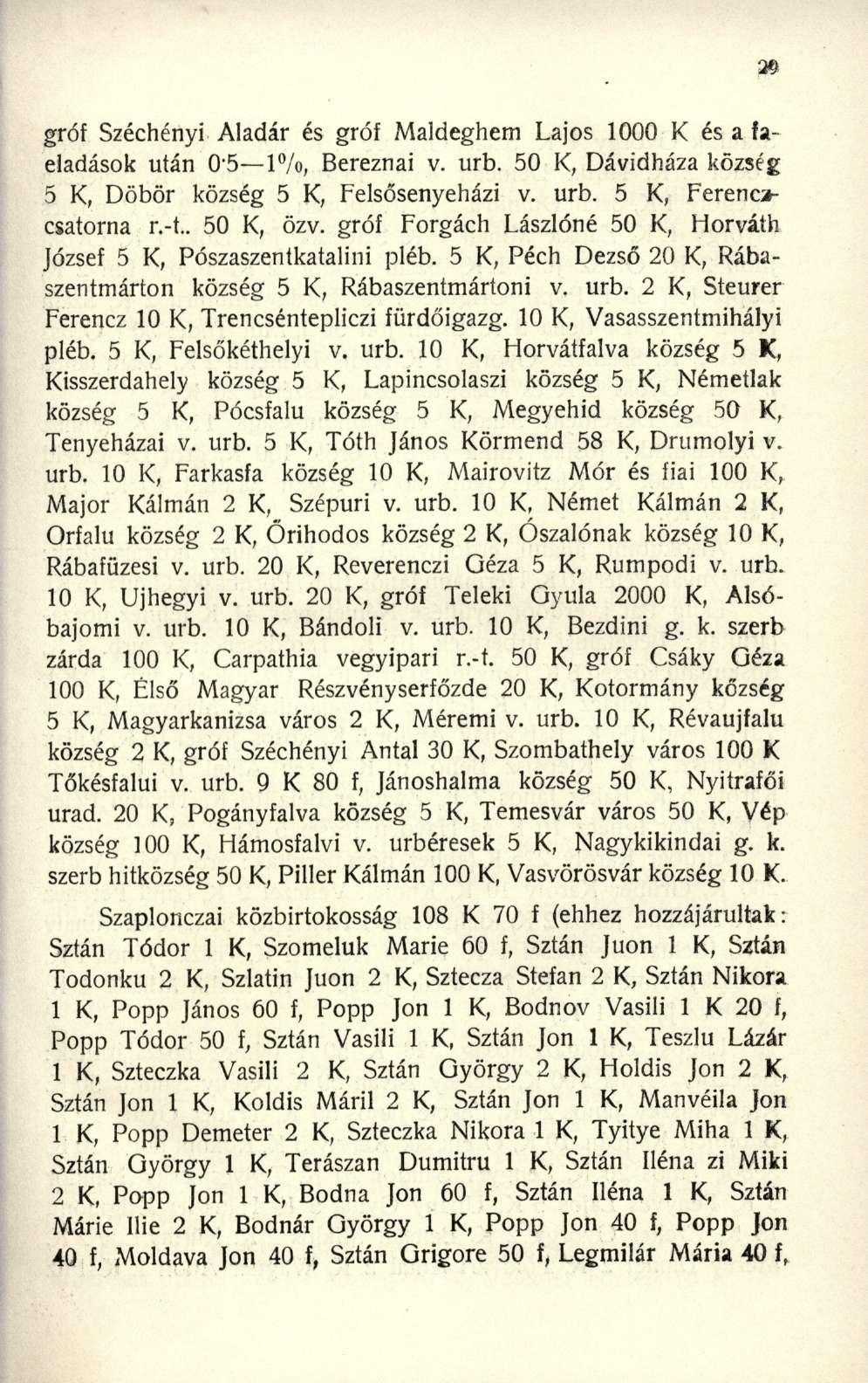 gróf Széchény i Aladá r é s gró f Maldeghe m Lajo s 100 0 K é s a faeladások utá n 0-5 l /o, Berezna i v. urb. 5 0 K, Dávidháza közsé g 5 K, Döbö r közsé g 5 K, Felsősenyeház i v. urb. 5 K, Ferenca - csatorna r.