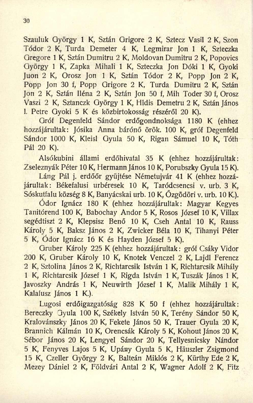 Szauluk Györg y 1 K, Sztá n Grigor e 2 K, Sztec z Vasi l 2 K, Szo n Tódor 2 K, Turd a Demete r 4 K, Legmira r Jo n 1 K, Szteczk a Gregore 1 K, Sztán Dumitr u 2 K, Moldovan Dumitr u 2 K, Popovic s
