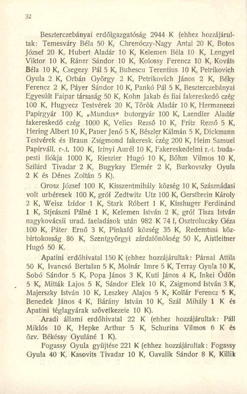 Beszterczebányai erdőigazgatósá g 294 4 K (ehhe z hozzájárul - tak: Temesvár y Bél a 5 0 K, Chrenóczy-Nag y Anta l 2 0 K, Boto s József 2 0 K, Huber t Aladá r 1 0 K, Keleme n Bél a 1 0 K, Lengye l