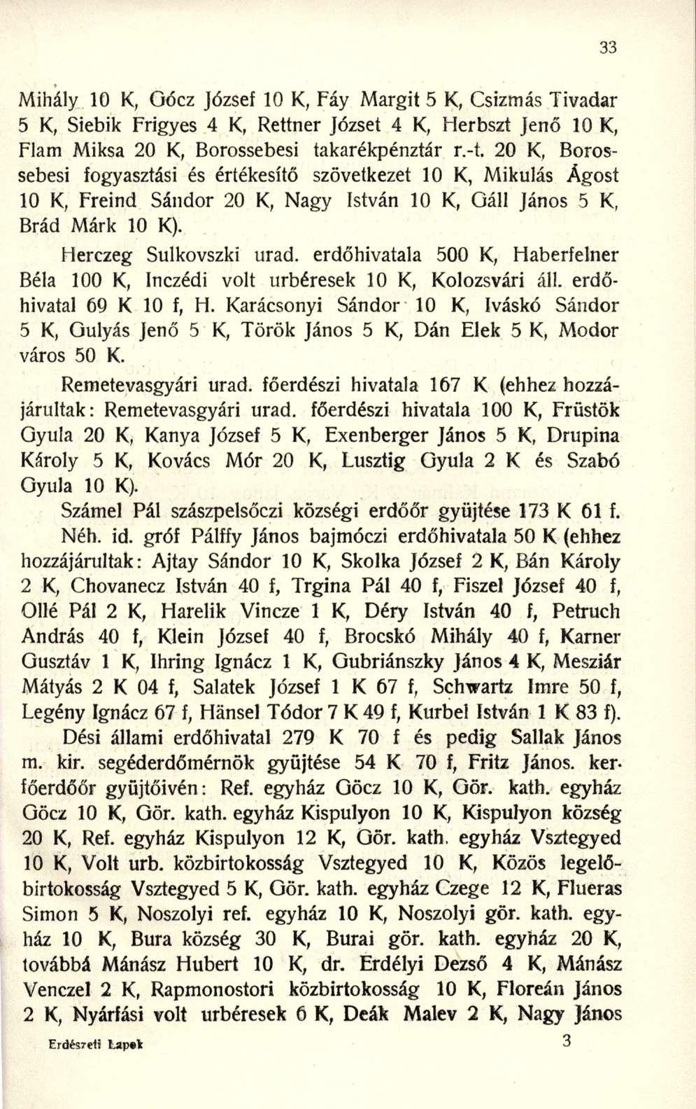 Mihály 1 0 K, Góc z Józse f 1 0 K, Fáy Margi t 5 K, Csizmás Tivada r 5 K, Siebi k Frigye s 4 K, Rettne r Józse t 4 K, Herbsz t Jen ő 1 0 K, Fiam Miks a 2 0 K, Borossebes i takarékpénztá r r.-t.