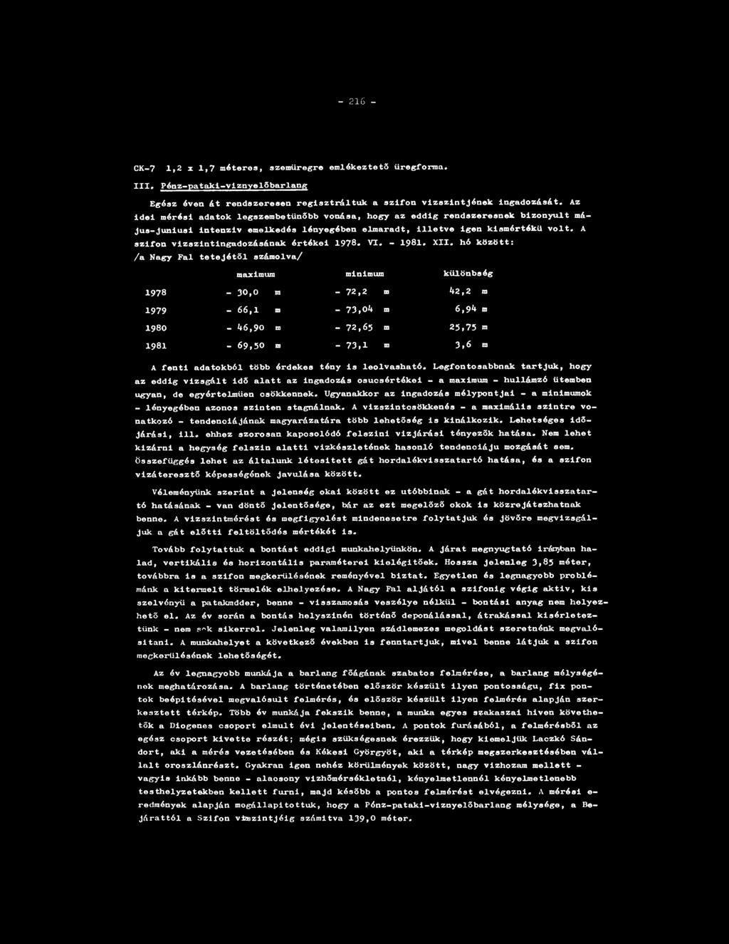 - 216 - CK-7 1,2 I 1,7 méteres, szemüregre emlékeztető üregforma. IXX. Pénz-patakl-vlznyelőbarlang Egész éven át rendszeresen regisztráltuk a szifon vlzszintjének ingadozását.