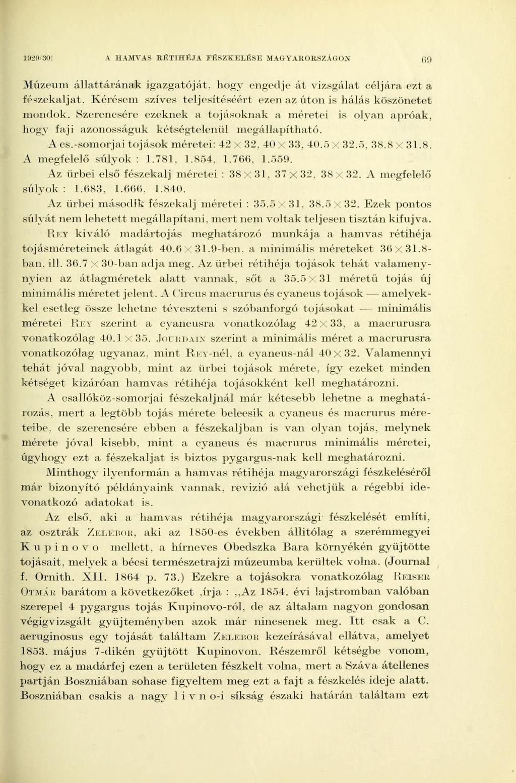 1929-30! A HAMVAS RÉTIHÉJA FÉSZKELÉSE MAGYARORSZÁGON 69 Múzeum állattárának igazgatóját, hogy engedje át vizsgálat céljára ezt a fészekaljat.