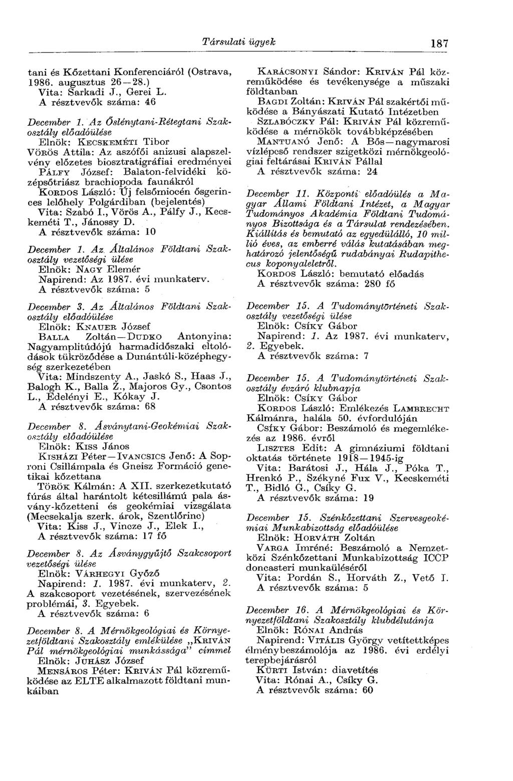 Társulati ügyek 187 tani és Kőzettani Konferenciáról (Ostrava, 1986. augusztus 26-28.) Vita: Sarkadi J., Gerei L. A résztvevők száma: 46 December 1.