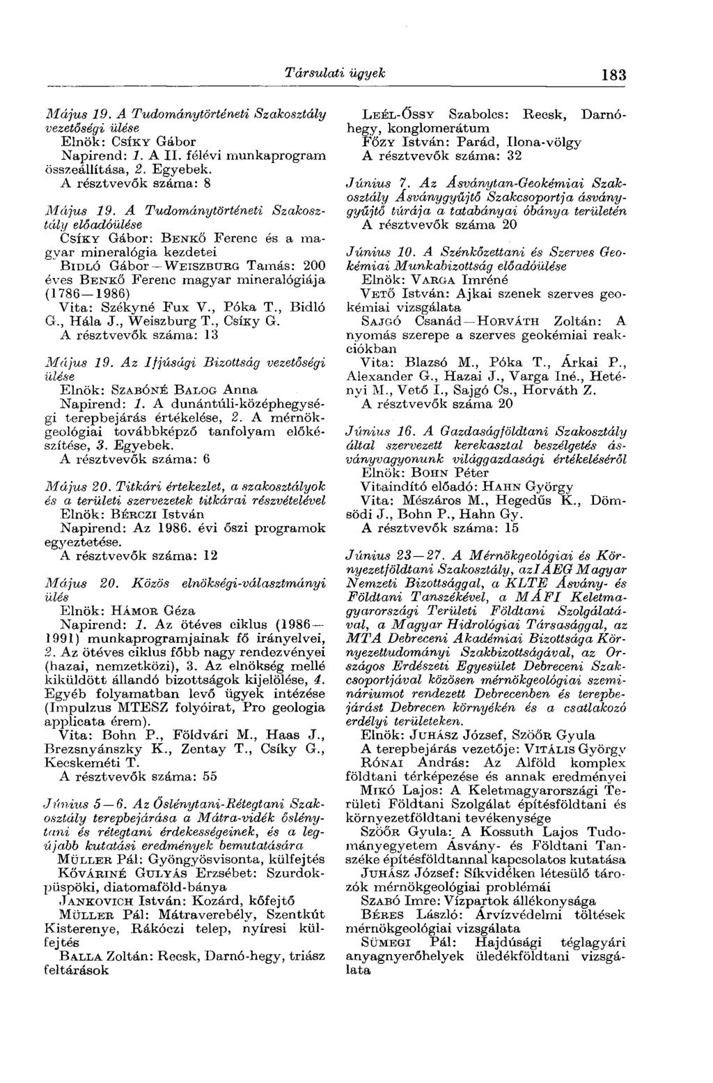 Társulati ügyek 183 Május 19. A Tudománytörténeti Szakosztály Napirend: 1. A II. félévi munkaprogram összeállítása, 2. Egyebek. A résztvevők száma: 8 Május 19.