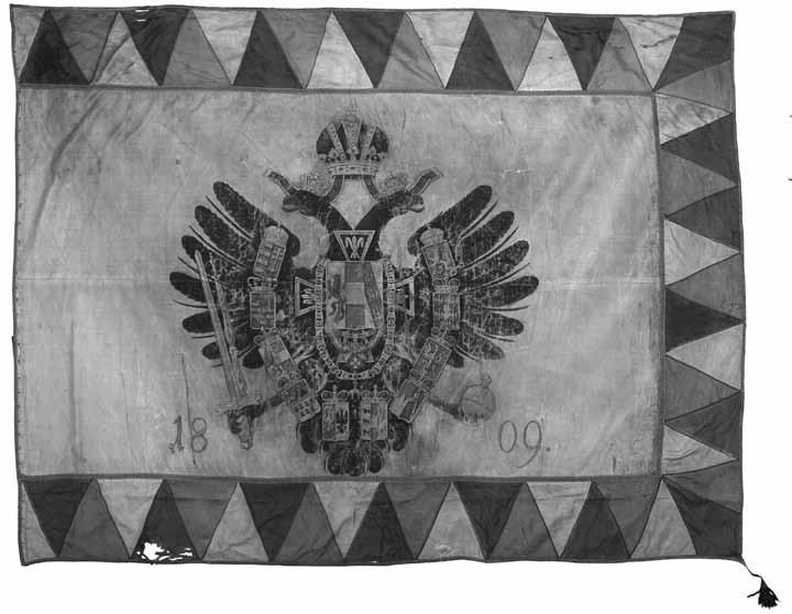 A győri polgári őrsereg vadász osztályának 1809-es zászlaja; ez alatt