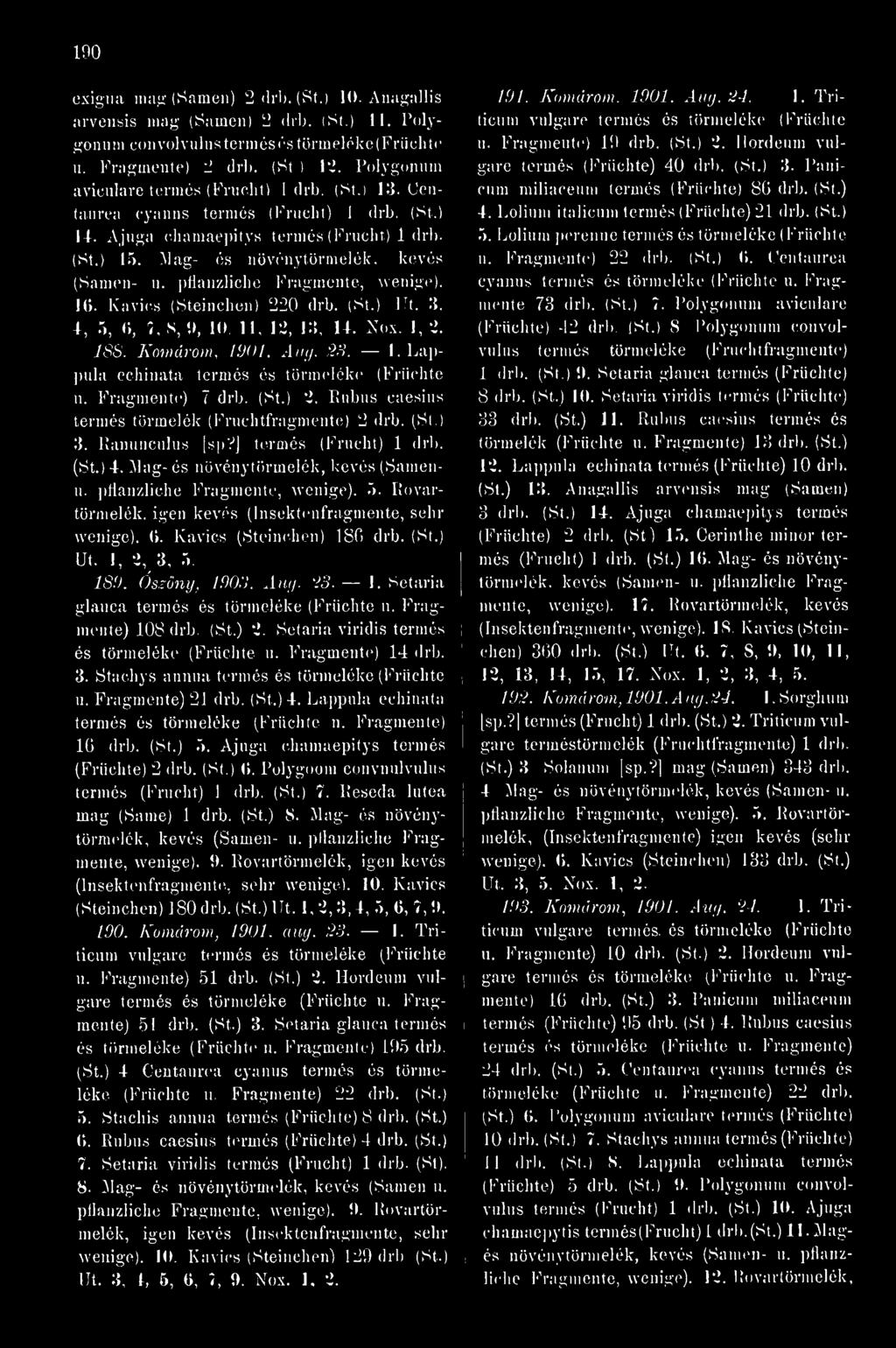 [)tianzliche Fragmente, wenige). 16. Kavics (Steinchen) 220 drb. (St.) Ut. li. 4, 5, (i, Î. S, t), 10, 11, 12, Vi, U. Nox. 1, 3. 188. Komárom, 190 1. Aug. 23. 1. Lappala echinata termés és törmeléke (Früchte u.