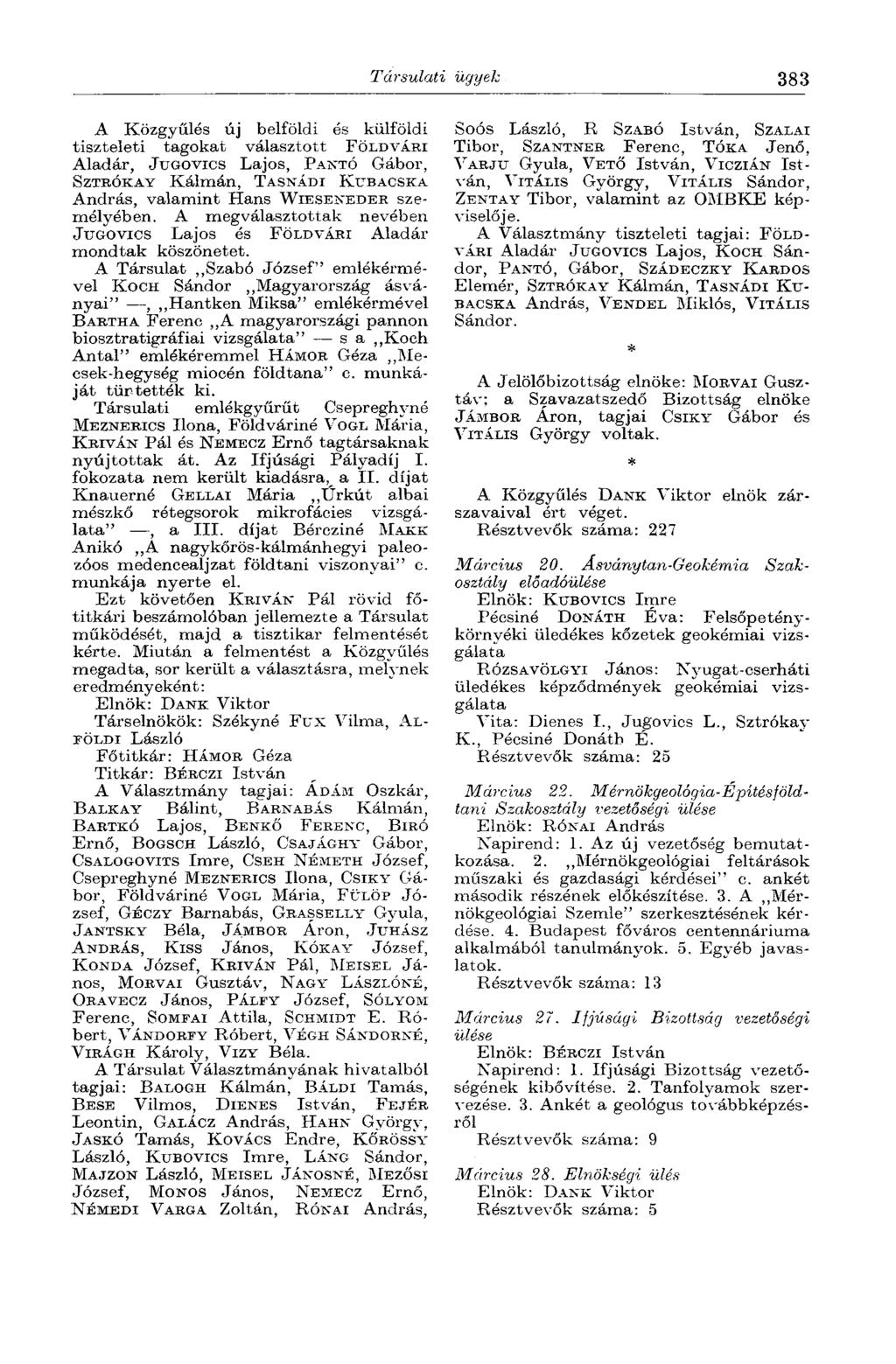 Társulati ügyek 383 A Közgyűlés új belföldi és külföldi tiszteleti tagokat választott FÖLDVÁRI Aladár, JTJGOVICS Lajos, PANTÓ Gábor, SZTRÓKAY Kálmán, TASNÁDI KUBACSKA András, valamint Hans WIESENEDER