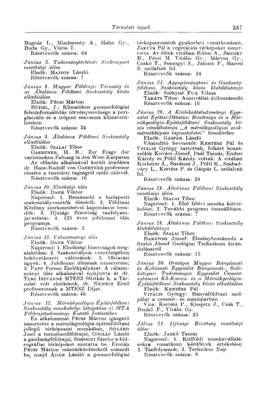 Társulati ügyek 387 Bognár L., Mindszenty A., Hahn Gy., Buda Gy., Vörös I. Résztvevők száma: 64 Június 5. Tudománytörténeti Szakcsoport vezetőségi Elnök: MAJZON László Résztvevők száma: 7 Június 8.