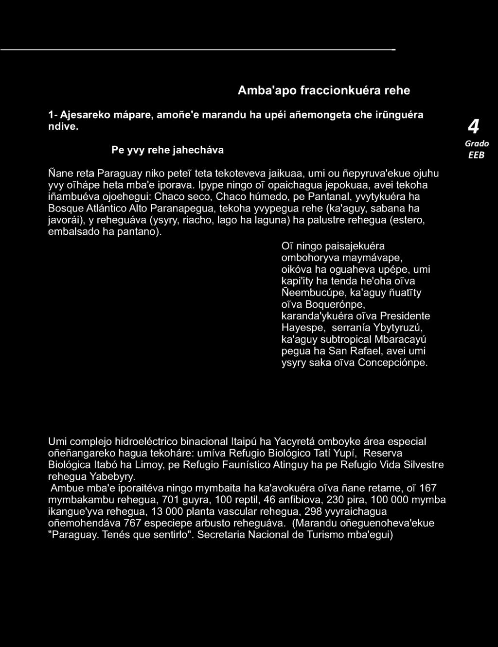 Ipype ningo ot opaichagua jepokuaa, avei tekoha iñambuéva ojoehegui: Chaco seco, Chaco húmedo, pe Pantanal, yvytykuéra ha Bosque Atlántico Alto Paranapegua, tekoha yvypegua rehe (ka'aguy, sabana ha