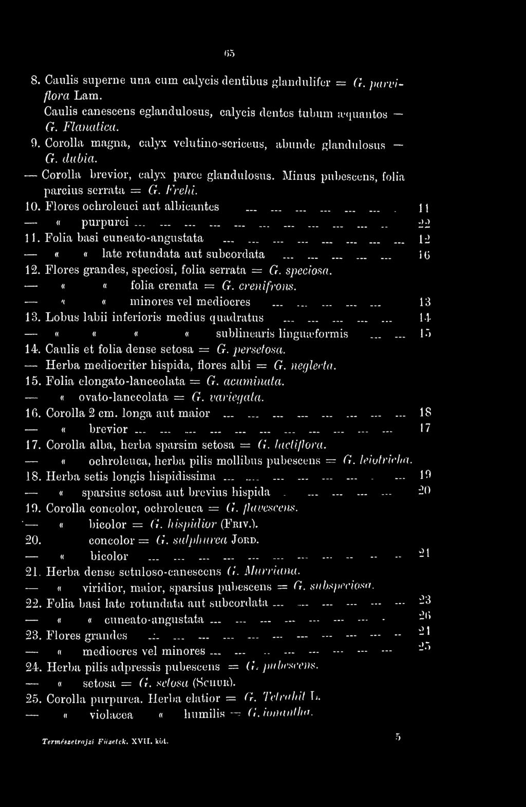 65 8. Caulis superne una cum calycis dentibus glandulifer C, pai uiflora Lam. Caulis canescens eglandulosus, calycis dentés tabum equantob = G. Flanatica. 9.