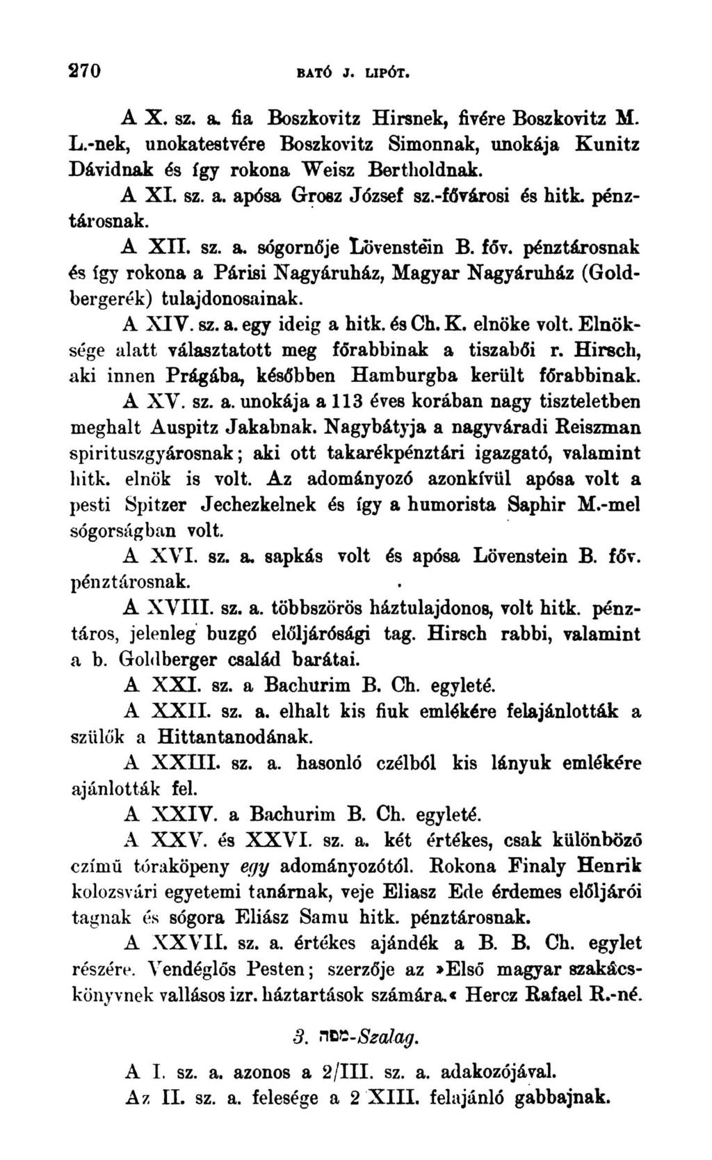 270 BATÓ J. LIPÓT. A X. sz. a. fia Boszkovitz Hirsnek, fivére Boszkovitz M. L.-nek, unokatestvére Boszkovitz Simonnak, unokája Kunitz Dávidnak és így rokona Weisz Bertholdnak. A XI. sz. a. apósa Grosz József sz.