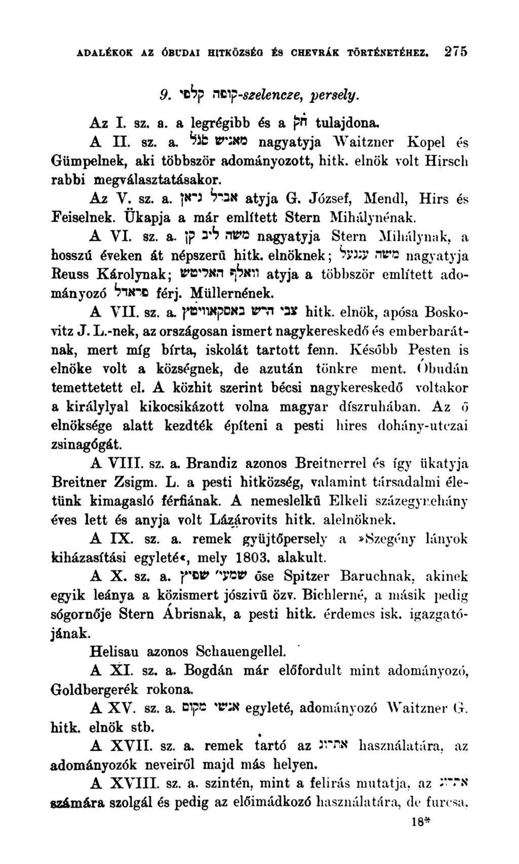 ADALÉKOK AZ ÓBUDAI HITKÖZSÉO ÉS CHEVRÁK TÖRTÉNETÉHEZ, 275 persely. -széle ncze ) קופה קלסי 9. Az I. sz. a. a legrégibb és a חיץ tulajdona A II. sz. a. Hit מאניש nagyatyja Waitzner Kopel és Gümpelnek, aki többször adományozott, hitk.