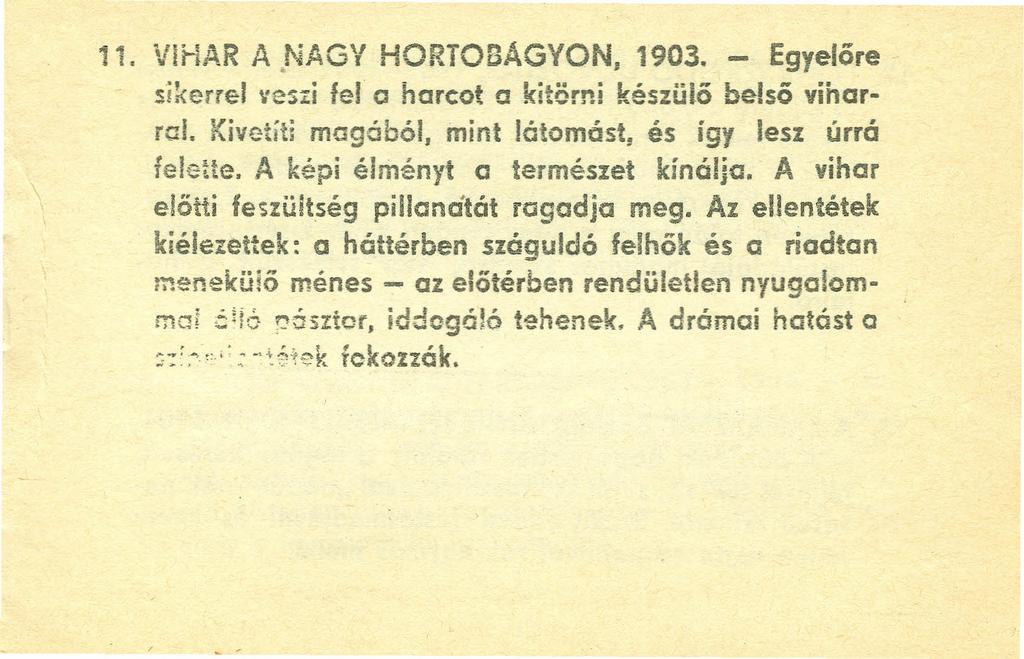 11. VIHAR A.NAGY HORTOBÁGYON. 1903. - Egyelőre sikerrel veszi fel o harcot a kitörni készülő belső viharral. Kivetíti magából, mint lőtomést, és így lesz úrrá feleae.