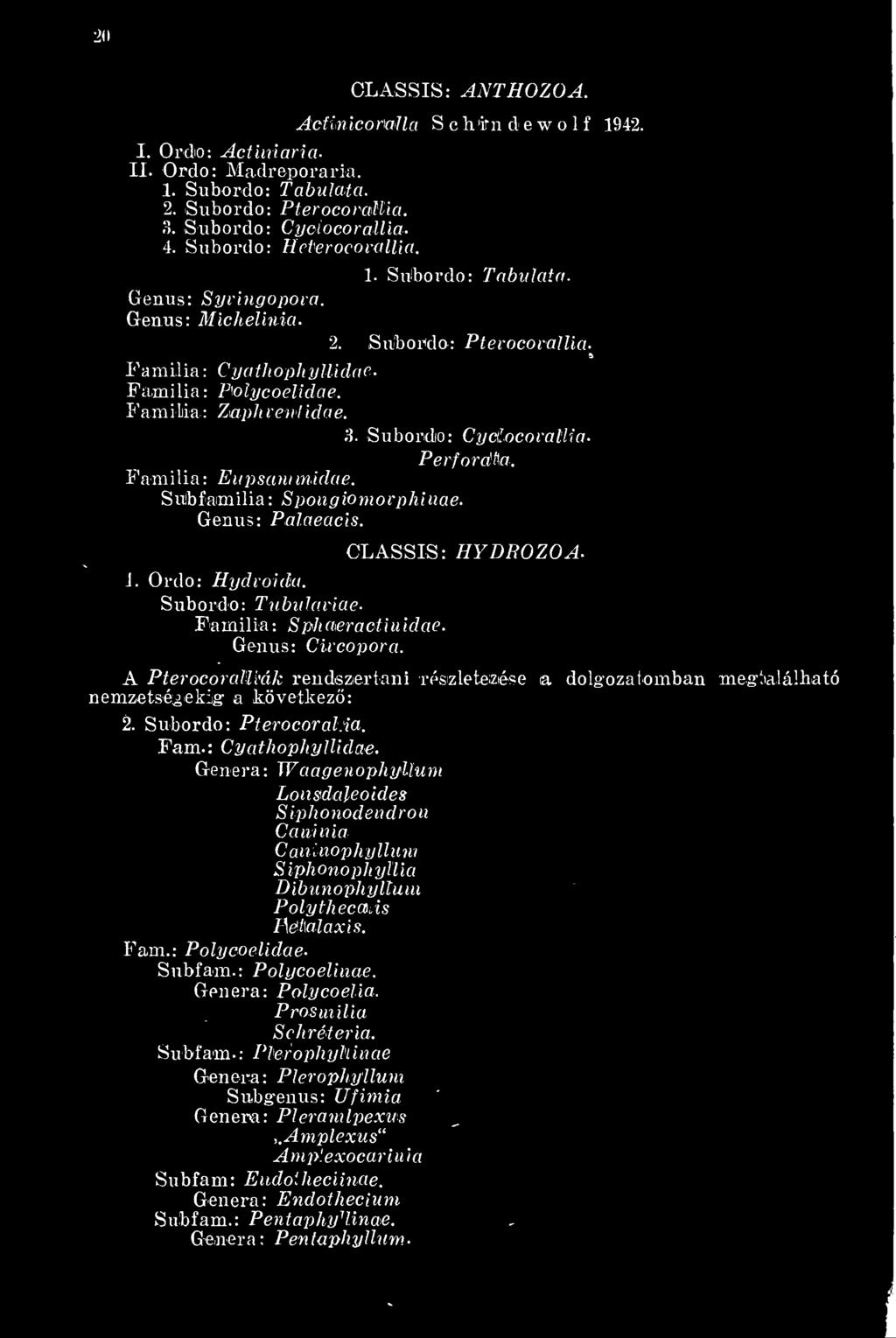 Subordo: CycÜocoraHia- PerfordHa. Família : Eupmmmidae. SuJbfamília : Spongiomorphinae. Genus: Palaeacis. CLA S SIS : HYDROZOA. 1. Ordo: Hydroida. Subordo: Tubulariae Família : Sphaeraotinidae.