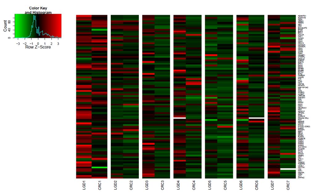 12. ábra. Egy betegből származó szinkron LGD-s és CRC-s minták DNS-metilációs profilja hőtérképen ábrázolva.