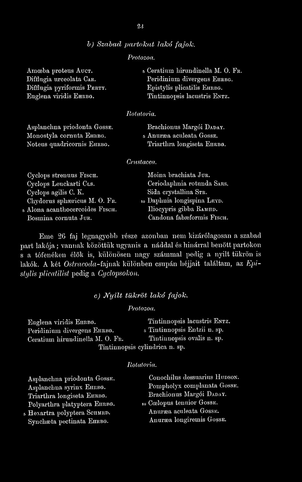 Eme 26 faj legnagyobb része azonban nem kizárólagosan a szabad part lakója ; vannak közöttük ugyanis a náddal és hinárral bentt partokon s a tófenéken élk is, különösen nagy számmal pedig a nyilt
