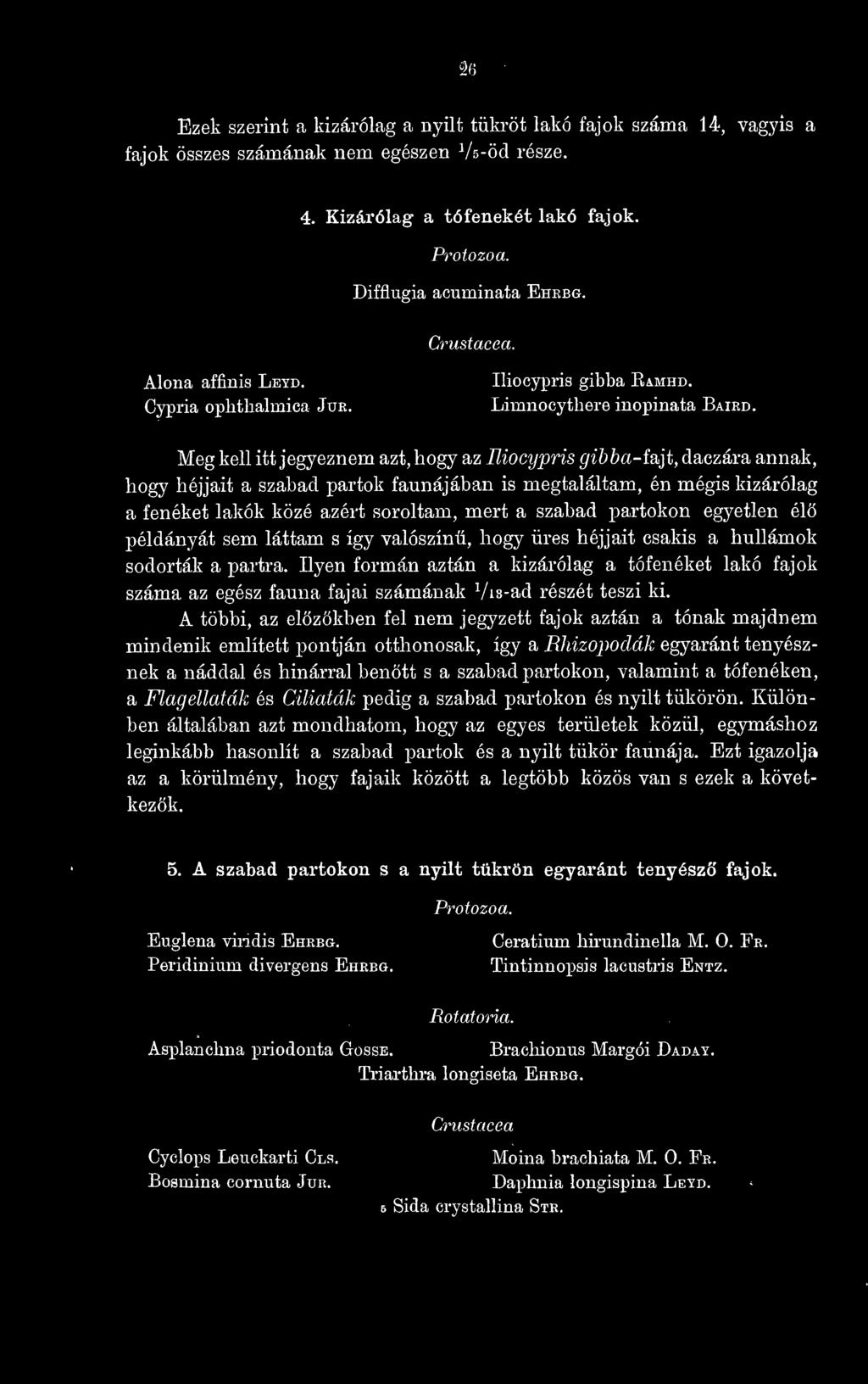 eiocypris gibba-fajt, daczára annak, hogy héjjait a szabad partok faunájában is megtaláltam, én mégis kizárólag a fenéket lakók közé azért soroltam, mert a szabad partokon egyetlen élö példányát sem