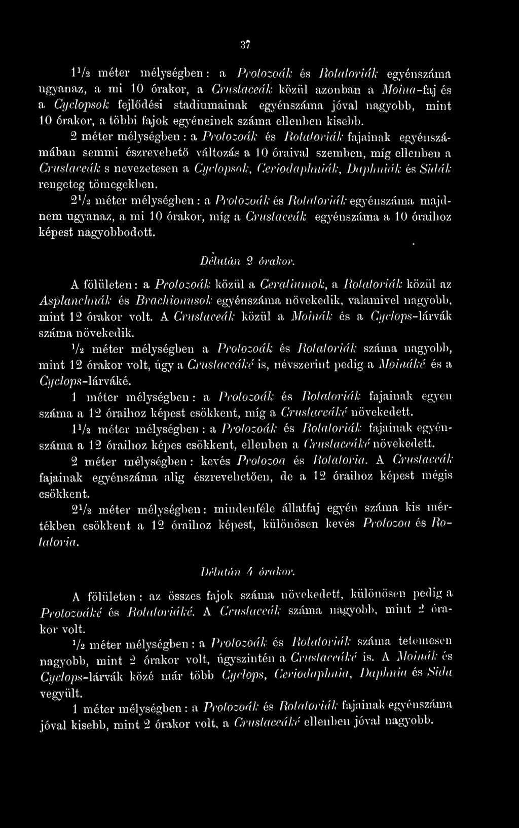 2 méter mélységben : a Protozoák és Rotatoriák fajainak egyénszámában semmi észrevehet változás a 10 óraival szemben, míg ellenben a Crustaceák s nevezetesen a CyctopHok, Ceriodaphniák, Daphniák és