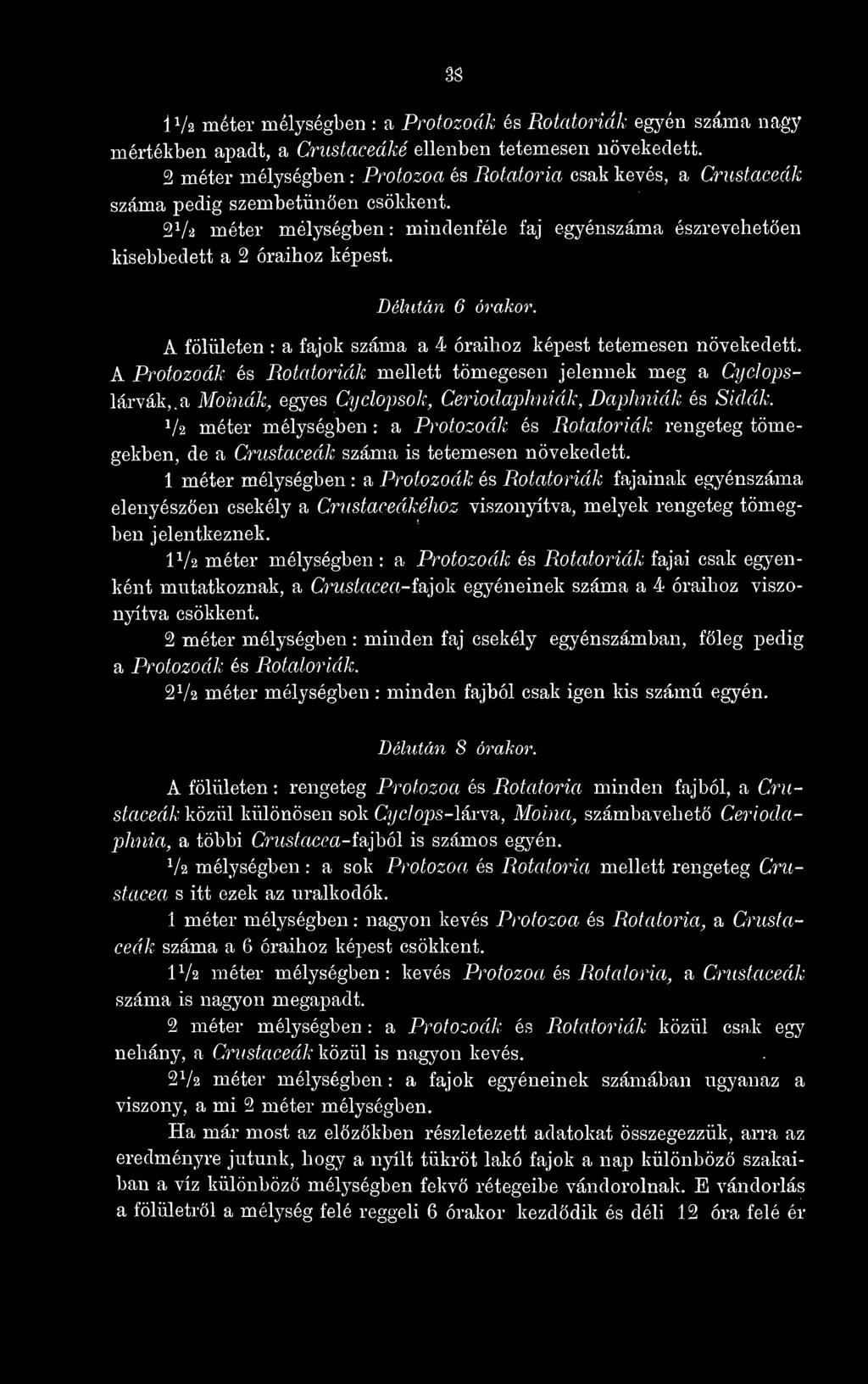 Délután 6 órakor. A fölületen : a fajok száma a 4 óraihoz képest tetemesen növekedett.