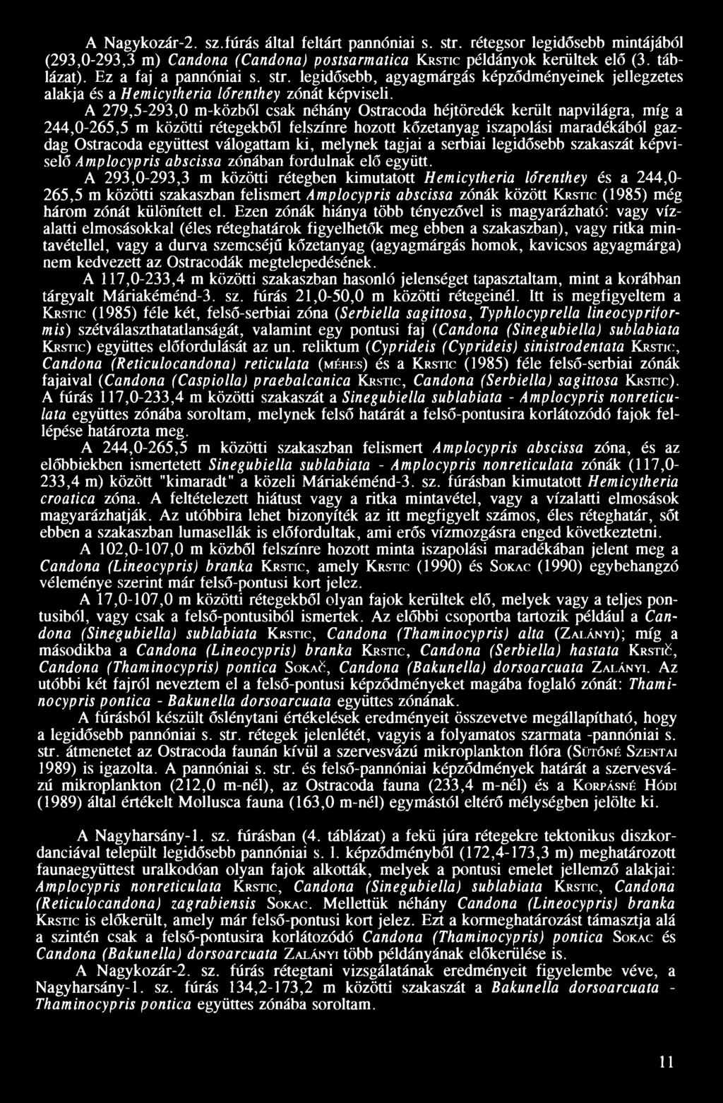A 279,5-293, m-közből sak néhány Ostraoda héjtöredék került napvilágra, míg a 244,-265,5 m közötti rétegekből felszínre hozott kőzetanyag iszapolási maradékából gazdag Ostraoda együttest válogattam