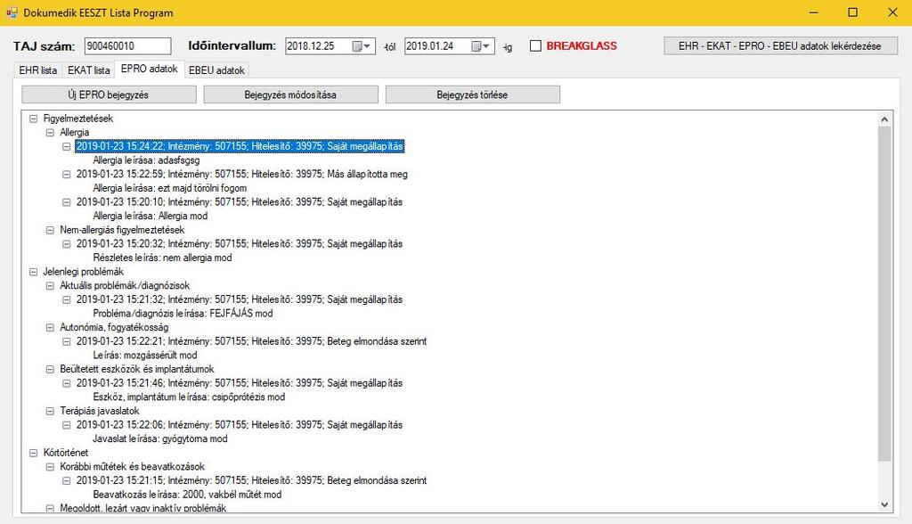 EESZT Lista - EPRO adatok Az EPRO adatok fülön láthatók a pácienshez feltöltött eprofil adatok, profil csoportok és típusok szerint csoportosítva, és azon