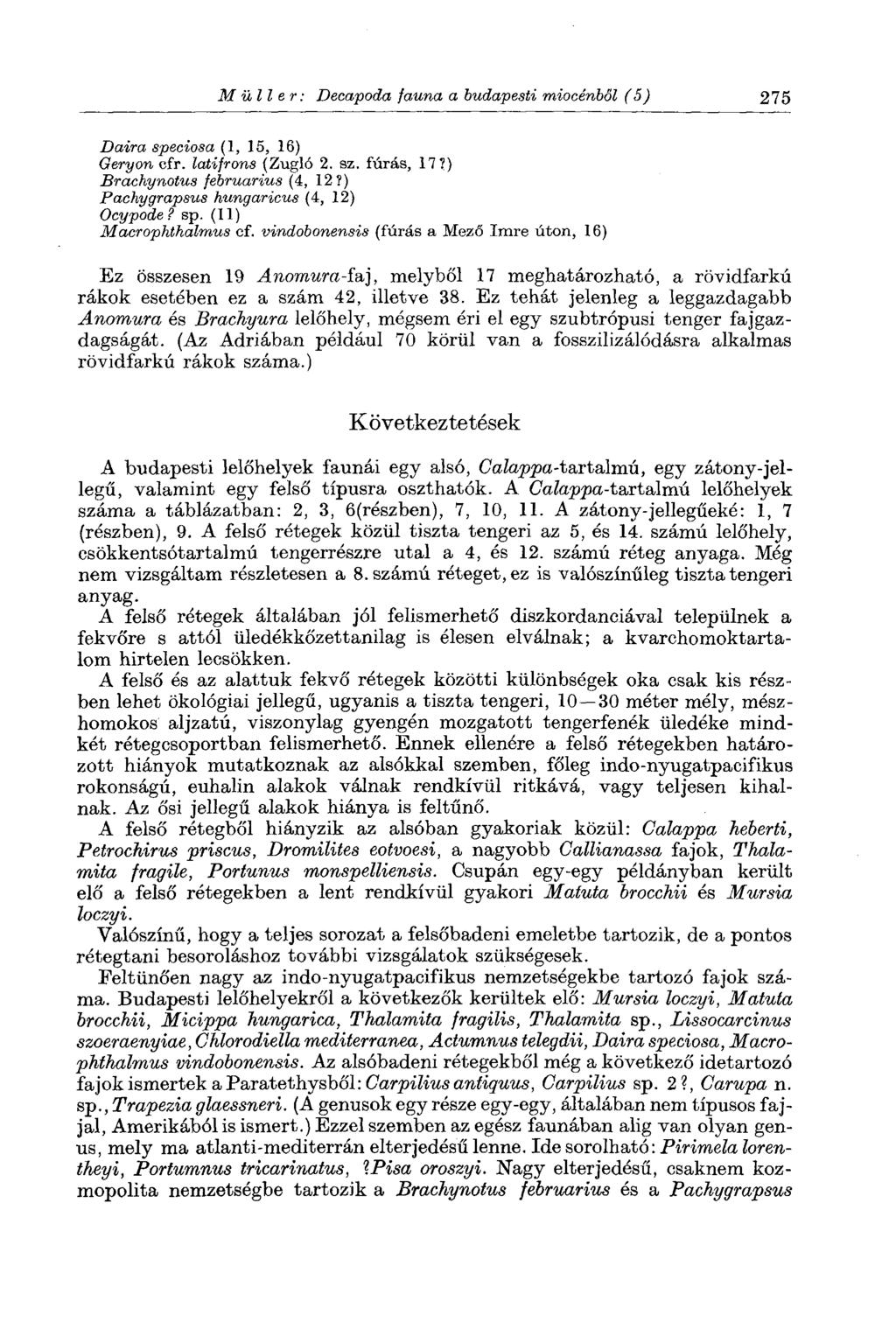 Müller: Decapoda fauna a budapesti miocénből (5) 275 Daira speciosa (1, 15, 16) Geryon cfr. latifrons (Zugló 2. sz. fúrás, 17 7) Brachynotus februarius (4, 12?