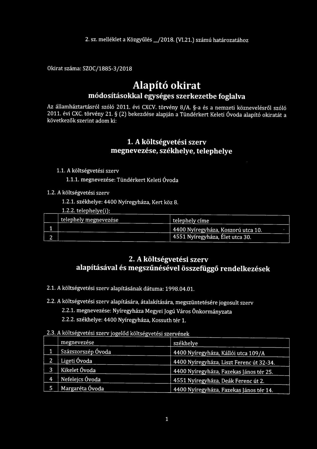 A költségvetési szerv megnevezése, székhelye, telephelye 1.1. A költségvetési szerv 1.1.1. megnevezése: Tündérkert Keleti Óvoda 1.. A költségvetési szerv 1..1. székhelye: 4400 Nyíregyháza, Kert köz 8.