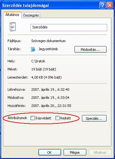 ábra Fájlok attribútuma Fájl kiválasztása A megjelenő ablakban módosíthatjuk a fájl attribútumát. 4.