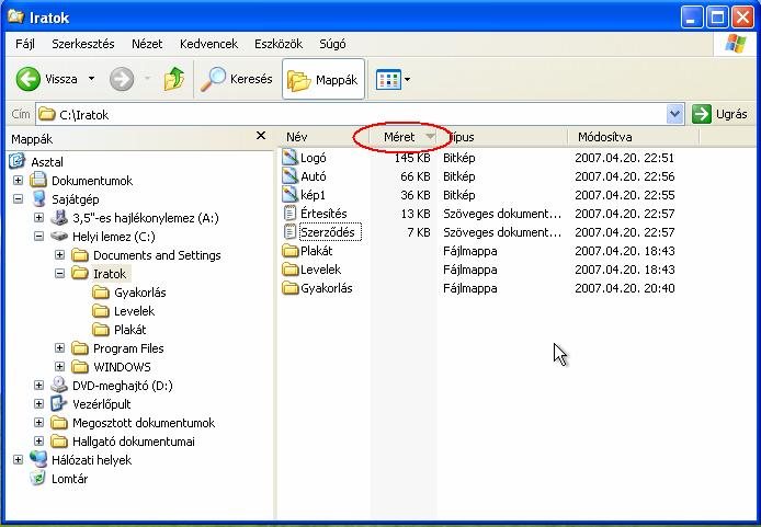 Példánkban, ha a Méret rendezésre újból rákattintunk, akkor a rendezés iránya megfordul. 8.
