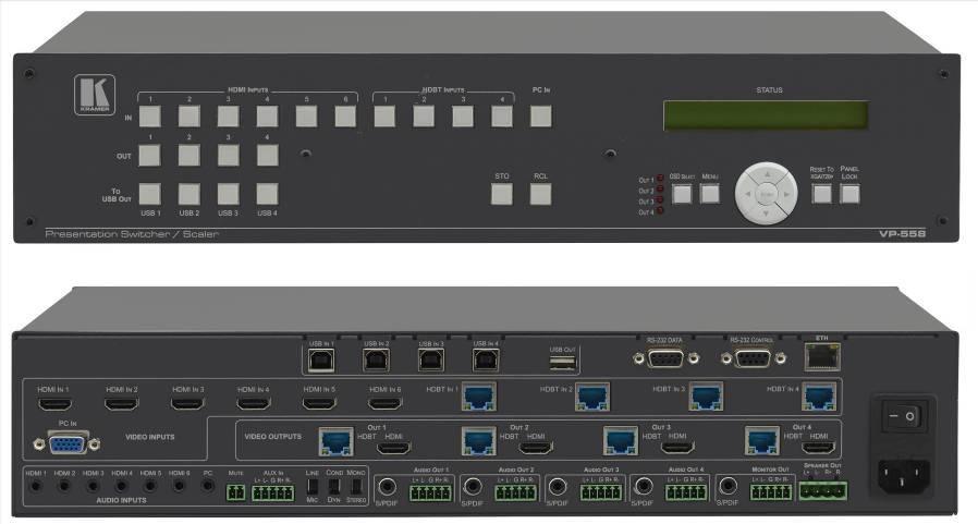 VP-558 11 入力 4 出力プレゼンテーションスイッチャー / スケーラー スキャンコンバーター & スケーラー 希望小売価格 1,210,400 特長 出力解像度 : 最大 1080p/UXGA 伝送距離 : HDBT 入出力使用時 最大 70m ケーブル : 最適な環境で HDBaseT を使用する為に Kramer 製の STP ケーブル BC-HDKat6a を使用して下さい (