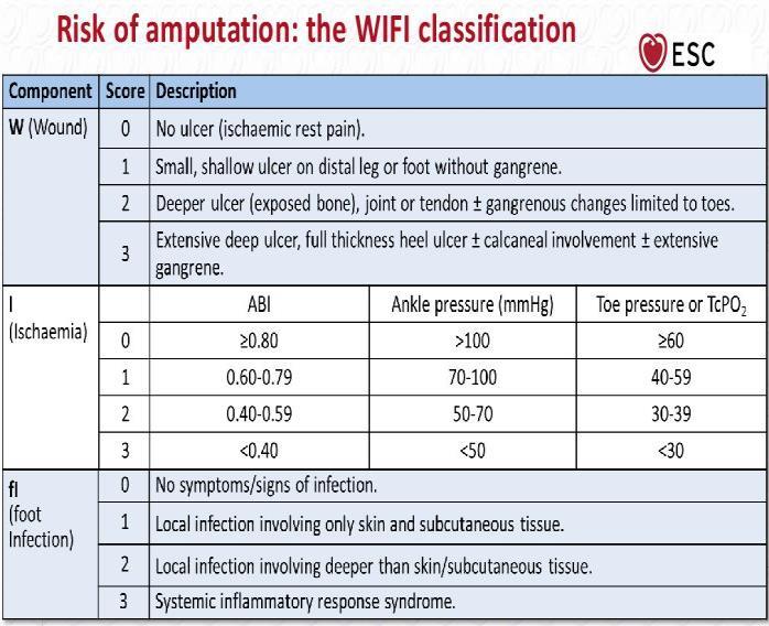 WIFI: Wound Ischaemia Foot Infection W (Wound) 0 Nincs fekély (ischaemiás nyugalmi fájdalom) Seb 1 Kicsi, sekély fekély 2 Mély fekély (csont, ízület, ín érintett) ± lábujj gangraena 3 Kiterjedt, mély