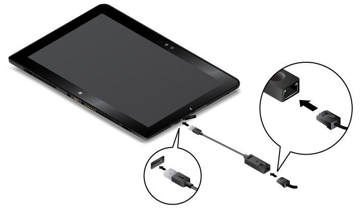A következő ábrán az látható, hogyan kell az Ethernet-kábelt a táblagéphez csatlakoztatni a ThinkPad USB 3.0 Ethernet Adapteren keresztül. Figyelem: Ha a ThinkPad USB 3.